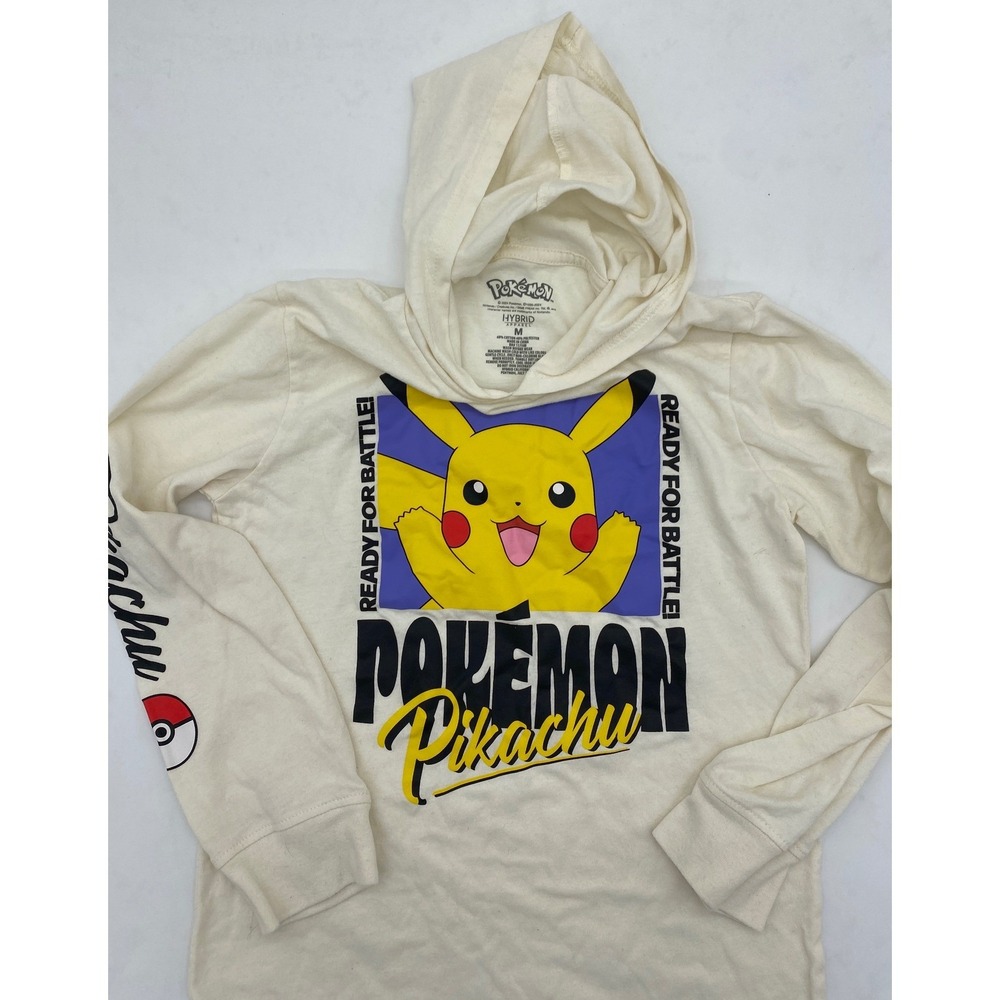 Kids Pokemon‎ Pikachu Ready For Battle Graphic Hoodie Long Sleeve Cream Size M